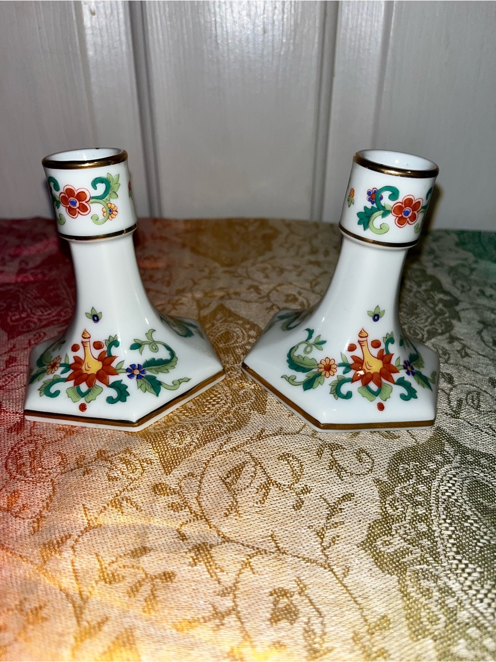 Vintage Amakusa Porcelain Floral Pair of White Candlestick Holders